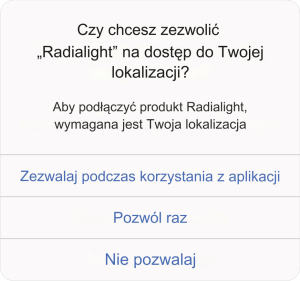 Zezwolenia na dostęp do lokalizacji w Aplikacji Radilight APP na IOS